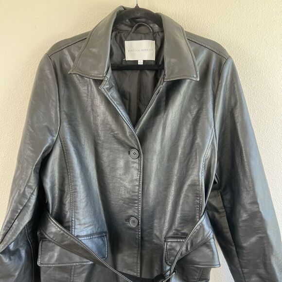 Rebecca Minkoff Mod Trench Coat Long Belted Faux Leather Jacket Size L Lined - Picture 3 of 13